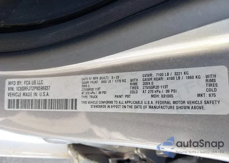 2023 Ram 1500 Laramie 4X4 5'7 Box z USA, uszkodzony, nr VIN 1C6SRFJT2PN596937